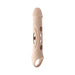 Beige silicone penis extender with multiple peek-a-boo holes and a looped base for added comfort and stimulation.