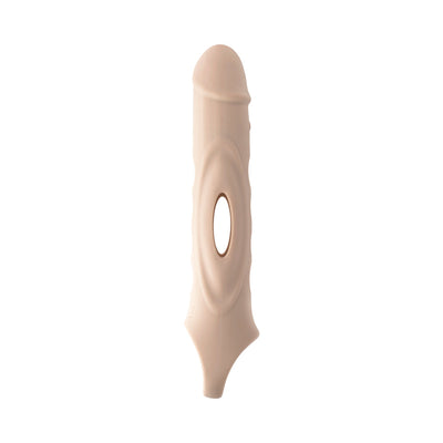 Beige silicone penis extender sleeve with central loop and realistic head detail, designed for comfort and vibration.