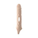 Beige silicone penis extender sleeve with central loop and realistic head detail, designed for comfort and vibration.