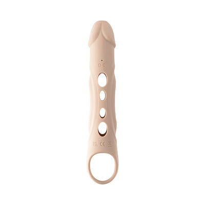 Beige silicone penis extender sleeve with multiple peek-a-boo holes and a ring at the base for added stimulation.