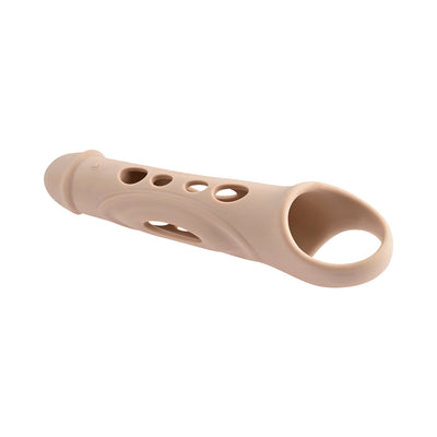 Beige silicone penis extender sleeve with multiple peek-a-boo holes and a ring loop at the base.