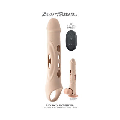 Silicone Zero Tolerance Big Boy Extender with peek-a-boo holes and remote control showing 25-foot range, beige color.