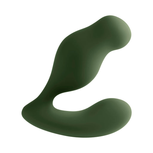 Green silicone prostate vibrator with ergonomic curved design for targeted stimulation and comfort.