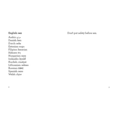 Open book page showing the word "sex" translated into multiple languages with a humorous quote on safety.