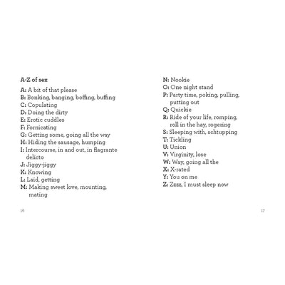 Open book showing A-Z playful glossary of intimate terms in simple black text on white pages.