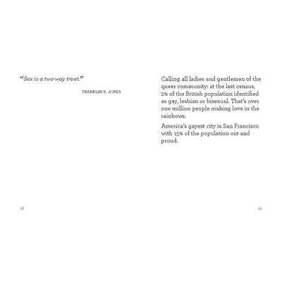 Open book pages with a quote on sex by Franklin P. Jones and facts about the LGBTQ+ community and San Francisco.