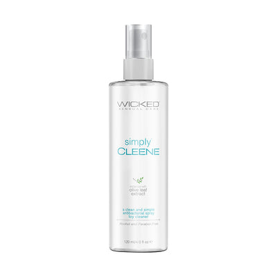 Wicked Simply Cleene antibacterial toy cleaner spray bottle with olive leaf extract, 4 oz, white and clear packaging.