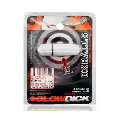 Oxballs Glowdick LED-lit clear silicone cockring in retail packaging with black and orange design accents.