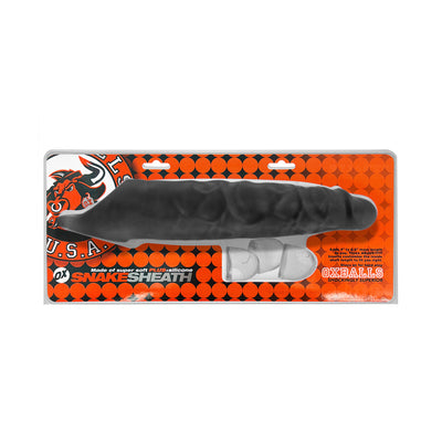 Oxballs Snake Deep-reacher Cocksheath in black with veiny texture, displayed in orange and black packaging with three clear bullet inserts.