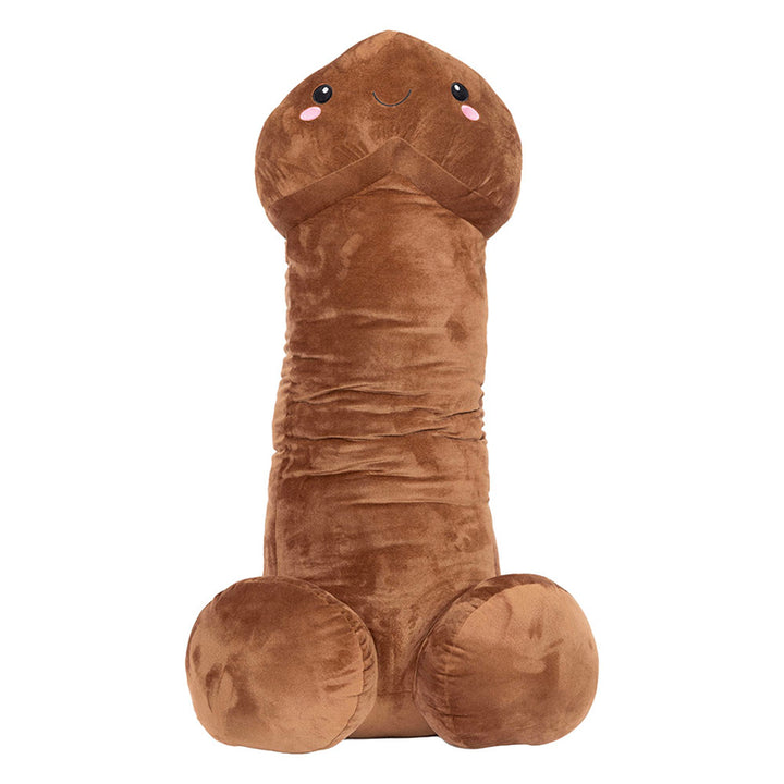 Large brown novelty plush with a smiling face and soft, cuddly texture.