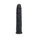 Black extra long dildo with realistic veins and suction cup base for hands-free use.