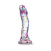 Clear silicone dildo with colorful neon confetti inside and a curved shape with suction cup base.