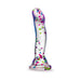 Clear silicone dildo with colorful confetti inside and a curved shape, featuring a sturdy suction cup base.