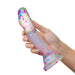 Hand holding a 7.5-inch clear silicone dildo with colorful neon confetti and a suction cup base.