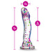 Clear silicone dildo with colorful confetti inside, curved shape, and suction cup base, measuring 7.5 inches long and 1.5 inches wide.