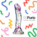 Clear silicone dildo with colorful confetti inside and a curved shape, standing on a suction cup base.