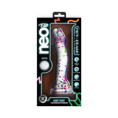 Neo Elite Hanky Panky 7.5 inch clear silicone dildo with colorful confetti inside and glow-in-the-dark feature in retail packaging.