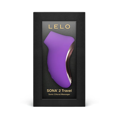 Purple Lelo Sona 2 Travel sonic clitoral massager in sleek black and gold packaging.