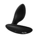 Black silicone We-Vibe Ditto+ vibrating anal plug with curved shape and flat base on white background.