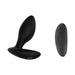 Black silicone vibrating anal plug with ergonomic shape and matching remote control with multiple buttons.
