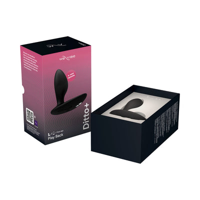 We-Vibe Ditto+ black silicone vibrating anal plug with remote control shown in open and closed packaging box.