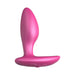 Pink silicone We-Vibe Ditto+ vibrating anal plug with curved shape and flat base on white background.