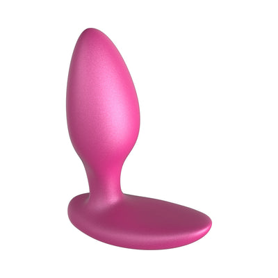 Pink silicone We-Vibe Ditto+ rechargeable vibrating anal plug with curved base on white background.