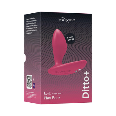 Packaging box for We-Vibe Ditto+ rechargeable remote-controlled silicone vibrating anal plug in deep pink and black design.