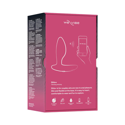 We-Vibe Ditto+ rechargeable vibrating anal plug packaging highlighting app control and key features on pink background.