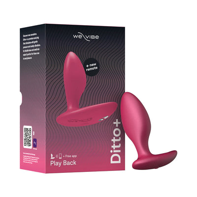 We-Vibe Ditto+ rechargeable silicone vibrating anal plug with remote control shown with packaging box.