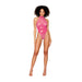 Model wearing pink heart print halter teddy with wetlook corset detail and G-string back.