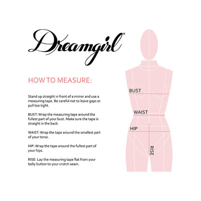 Diagram showing how to measure bust, waist, hip, and rise on a body for Dreamgirl sizing guide.