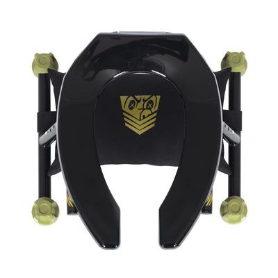 Top view of Fort Troff Trench Rider Black with open-end seat, padded cushion, and adjustable green silicone feet for stability.