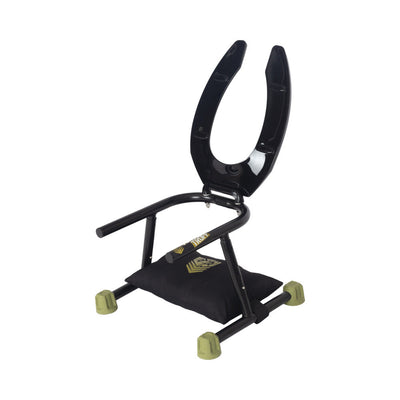 Black industrial-style adjustable seat with open front, padded cushion, and green silicone feet for stability.