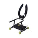 Black industrial-style adjustable seat with open front, padded cushion, and green silicone feet for stability.