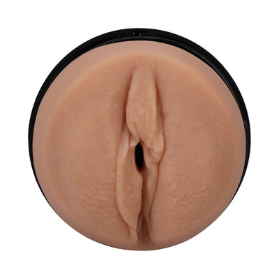 Top view of Main Squeeze Ultraskyn stroker in flesh tone with realistic texture and black outer case.