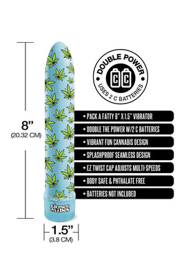 Blue 8-inch vibrator with green cannabis leaf pattern, splashproof design, and twist cap for multi-speed control.