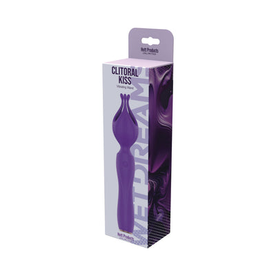 Purple silicone clitoral vibrator with flower petal design in branded packaging box.
