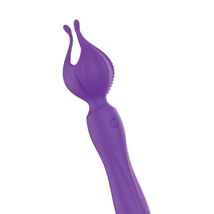 Purple silicone vibrator with flower petal design and textured tips for targeted clitoral stimulation.