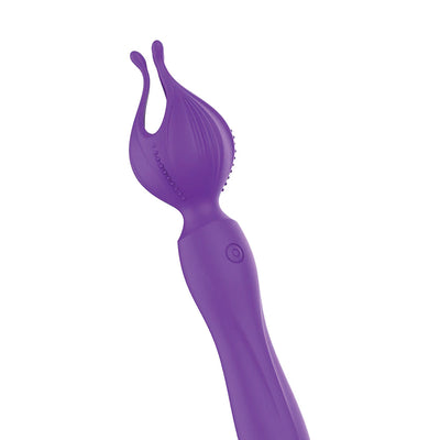 Purple silicone vibrator with flower petal design and textured tips for targeted clitoral stimulation.