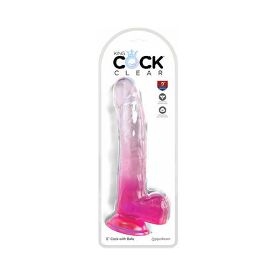 Translucent pink 9-inch realistic dildo with suction cup base in clear packaging labeled King Cock Clear.
