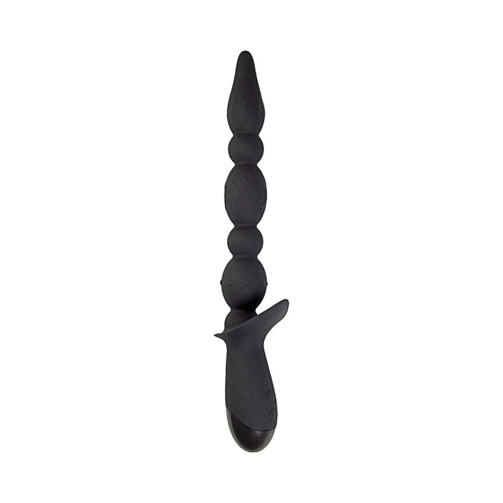 Black silicone vibrating anal wand with tapered beaded design and ergonomic handle with control buttons.
