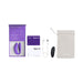 We-Vibe Sync O couples vibrator in purple with packaging, remote control, USB charging cable, user guides, and storage pouch.