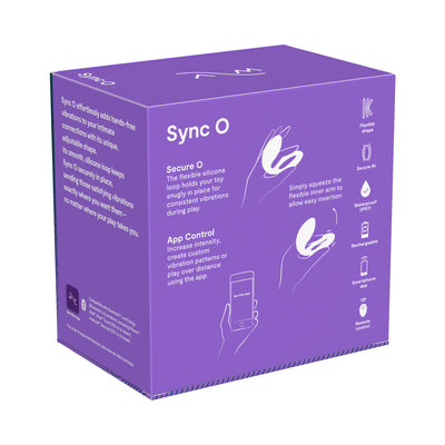 Purple packaging box of We-vibe Sync O couples vibrator with product features and app control instructions.