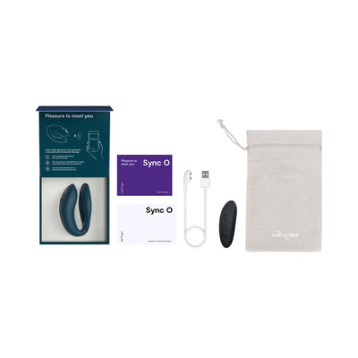 We-vibe Sync O couples vibrator with remote, USB charging cable, user guides, and storage pouch in packaging.