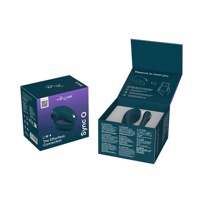 We-Vibe Sync O couples vibrator in dark blue with packaging box showing product and app connectivity details.