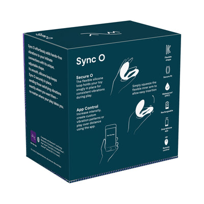 We-Vibe Sync O couples vibrator packaging highlighting flexible shape, secure fit, waterproof, rechargeable, app and remote control features.