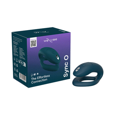 We-Vibe Sync O couples vibrator in dark teal with packaging box showing product image and branding.