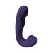 Purple rechargeable dual motor vibrator with curved design and suction feature, made of smooth silicone.