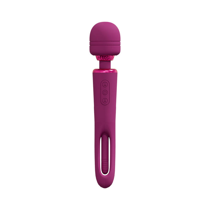 Purple rechargeable wand vibrator with flexible head and ergonomic handle featuring control buttons.